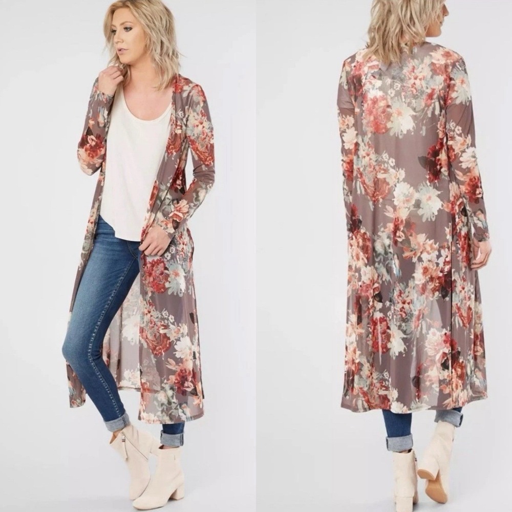 Daytrip Floral Mesh Sheer Open Front Duster Cardigan Womens‎ Small Brown Multi